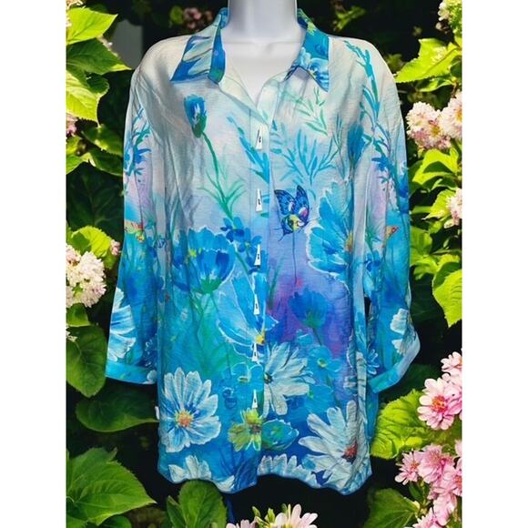 Ali Miles 1X Top Blue Floral Butterfly Rayon Nylon Crepe Button Up 3/4 Sleeves - Picture 2 of 5